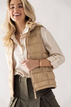 Quilted Puffer Vest combines cozy chic lifestyle fall winter spring QUILTED STAND COLLAR ZIP UP WARM PUFFER VEST: KHAKI / S-2/M-2/L-2 - Jennifer Kay Design Quilted Puffer Vest, Quilted Pattern, Style Upgrade, Cozy Chic, Black Khakis, Changing Seasons, Puffer Vest, Black Media, High Collar