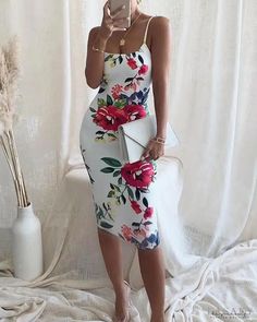 Lasaky - Floral Print Bodycon Cami Dress Casual Bodycon Dress, Fitted Gown, Dress Sleeve Length, Floral Bodycon, Bodycon Floral Dress, Suspender Dress, Trend Fashion, Fashion Mode, Cami Dress