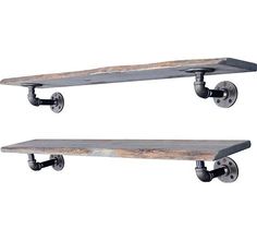 two metal and wood skateboard shelves with wheels on each shelf, one holding an iron pipe