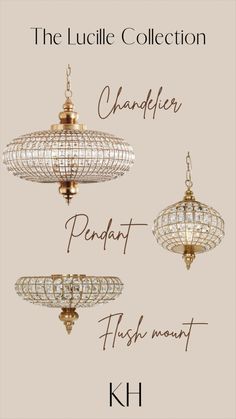 three chandeliers hanging from the ceiling in different sizes and colors, with words above them