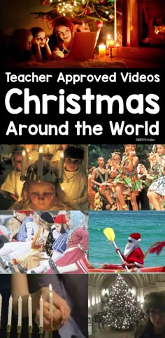 the cover of teacher approved videos christmas around the world, with pictures of children and candles