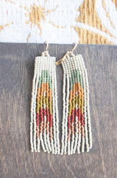 Beige Dangle Jewelry With Colorful Beads, Burlap Roman Shades, Bead Loom Bracelet Patterns, Long Beaded Earrings, Stitch Earrings, Earrings Bead, Loom Bracelet Patterns, Beaded Fringe Earrings, Brick Stitch Earrings