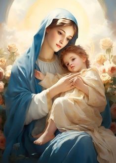 a painting of the virgin mary holding a child in her arms with roses all around