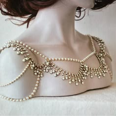 Beautiful Pearl And Rhinestone Shoulder Necklace. I Bought This New For My Wedding But Ended Up Wearing Something Else So Never Been Worn. Body Chain Wedding Dress, Shoulder Chain Dress, House Martell Jewelry, Shoulder Necklace Wedding Dress, Bridal Shoulder Jewelry, Shoulder Necklace Wedding, 1700s Necklace, Sweetheart Neckline Jewelry, Pearl Draping