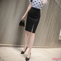 Qteee - Professional High-Waisted Work Skirt in Black - Split Hem Pencil Skirt for Women Black Midi Pencil Skirt, Stretch Pencil Skirt, Split Design, Wrap Around Skirt, Work Skirts, Split Skirt, Half Skirt, Black Pencil Skirt, Midi Skirt Pencil