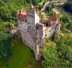 an aerial view of a castle in the middle of a green area with lots of trees