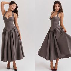 Elegance, Class And Romance, This Stunning Midi Dress Has It All. It's Made From A Stretch Twill And Designed To Flatter Your Figure With A Pretty Sweetheart Bodice That Creates A Dramatic Plunge Neckline. The Wide Halter Straps Self Tie For The Perfect Fit And Turns To Reveal A Low-Cut Back. Floating Elegantly From The Hips, 'Coquette' Falls To A Voluminous Long Midi Skirt, Enhanced By The Softest Tulle Underskirt For An Ultra Feminine Silhouette. It Zips To The Back For Easy On. The 'Regular C Wedding Dresses With Bust Darts, Elegant V-neck Corset Dress With Fitted Bodice, Fitted Bodice Tea-length Evening Dress, V-neck Corset Dress With Fitted Bodice For Evening, Evening Corset Dress With Fitted Bodice And V-neck, Fitted A-line Corset Dress For Evening, Evening V-neck Corset Dress With Fitted Bodice, Fitted Tea Length Dress With Corset Back, Fitted Cocktail Dress With Bust Darts