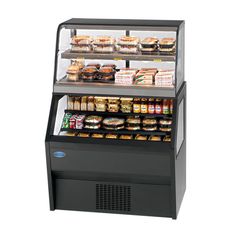 a refrigerated display case with food items on the top and bottom shelves