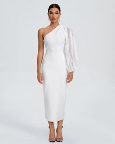 Introducing our One Shoulder Bishop Sleeve Bandage Dress. This stunning pure white dress exudes sensuality and elegance. Its one shoulder design and bishop sleeves add a touch of sophistication, making it the perfect choice for any special occasion. Elevate your style with this luxurious and exclusive dress. Our Style No.OW23345 95%Polyester, 5%Spandex Very Stretchy Height - 68.9"/175cm Bust - 34.6"/88cm Waist - 25.6"/65cm Hips - 36.6"/93cm and wears size S Gentle Dry Clean Only About Wholesale/ Elegant White One-shoulder Bodycon Dress, Elegant One Shoulder Summer Banquet Dress, Elegant One Shoulder Summer Dress For Banquet, White Midi Dress With Asymmetrical Neckline For Party, White Fitted One-shoulder Wedding Dress, White One Shoulder Dress For Party With Asymmetrical Neckline, White One Shoulder Wedding Dress With Asymmetrical Neckline, White One Shoulder Dress With Asymmetrical Neckline For Wedding, White One-shoulder Midi Dress For Evening