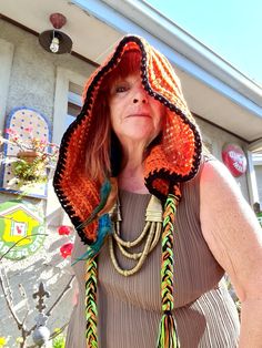 Hand Crochet Hood Unisex Brown/Orange & Green Black trim Free size. Inspired by The Twisted Hatter (her wonderful patterns are on Etsy !) DARE TO BE DIFFERENT ! Bohemian Crochet Hat For Beach In Fall, Bohemian Crochet Beach Hat For Fall, Bohemian Multicolor Crochet Hat For Festival, Multicolor Bohemian Crochet Hat For Festivals, Adjustable Bohemian Bonnet For Summer, Bohemian Beanie Bonnet One Size, Bohemian Bonnet Beanie One Size, Bohemian Crochet Bonnet One Size, Bohemian Adjustable Bonnet For Festivals