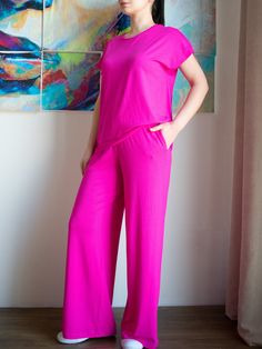 Very soft, high-quality two-piece set, including a tank top and wide-leg pants. A perfect, comfortable combination as home wear, loungewear, daywear, can be worn together or separate. Loose fit tank top and elastic waist bottom with side pockets. Can be made in sizes up to 3XL, and in many colors. Wide Leg Rayon Lounge Pants, Comfortable Wide Leg Pants For Summer Lounging, Pink Wide Leg Sleepwear For Loungewear, Comfortable Wide Leg Pants For Lounging In Summer, Summer Viscose Sleepwear, Summer Sleepwear In Viscose, Casual Relaxed Fit Pant Set For Loungewear, Casual Modal Sleepwear, Pink Casual Sets For Relaxation