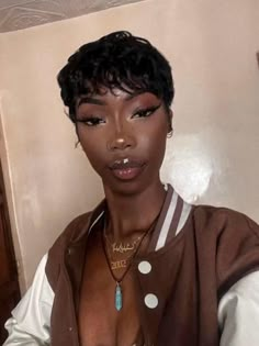 Fingerwaves Black Woman, Pixie Cut Makeup Looks, Fluffy Pixie Cut Black Women, Finger Waves Short Hair Pixie Cuts, Pixie Hair Outfits, Fingerwaves Short Hair, Fingerwaves Short Hair Black Pixie Cuts, Pixie Cut Outfits, Short Hair Baddie