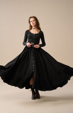 Step back in time with our Victorian Style Skirt, where every stitch reflects exceptional craftsmanship. Revel in the elegance of this skirt adorned with a graceful flare that flows seamlessly as you walk or dance, creating a captivating presence at the Renaissance Festival or any historical event.  You'll be pleased with these ruffles. Why not pair it with a simple, casual blouse and let this skirt be the focal point of your look. 【Fabric】 100% linen. 220g/gram. thick weight. It is washed with special technique and not easy to wrinkle. 【Size】 *SIZE XS waist: 26"/ 65 cm *SIZE S waist: 27"/ 70 cm *SIZE M waist: 29/ 75 cm *SIZE L waist: 31.5" / 80 cm SIZE XL Waist: 33"/ 85cm SIZE XXL waist : 35" / 90 cm SIZE 3XL waist : 37" / 95 cm Bohemian Midi Dress With Ruffled Skirt, Black Bohemian Dress With Tiered Skirt, Flowy Ruffled Maxi Full Skirt, Black Bohemian Skirt With Ruffles, Flowy Black Bohemian Maxi Skirt, Bohemian Black Flowy Maxi Skirt, Bohemian Black Maxi Skirt, Bohemian Dress With Pleated Flared Skirt, Black Bohemian Gathered Maxi Skirt