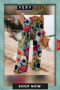 Chic Floral Print Side Pocket Pants Non-stretch Floral Print Bottoms For Summer, Multicolor Summer Pants With Pockets, Casual Multicolor Harem Pants For Spring, Casual Multicolor High Waist Wide Leg Pants, Non-stretch Multicolor Wide Leg Pants For Spring, Spring Vacation Wide Leg Pants With Pockets, Non-stretch Wide-leg Pants For Beach Season, Wide Leg Pants With Pockets For Spring Vacation, Casual Multicolor Non-stretch Pants