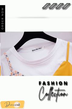 Fashion Colorblock Tee+denim Shorts P11539 Casual Summer T-shirt With Patchwork, Casual Cotton Tops With Contrast Color, Multicolor Patchwork T-shirt For Summer, Spring White T-shirt With Contrast Color, Casual Cotton Patchwork T-shirt, Casual Yellow Tops With Splicing, Retro Patchwork T-shirt For Spring, Contrast Color Tops For Summer Streetwear, Casual Yellow Spliced Top