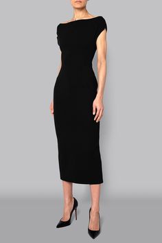 Final sale is already applied to the final price.   The sophisticated silhouette of this bardot style dress is a classic for a reason. Grazing just beneath the collar bone, the luxurious, mid weight jersey softly skims the figure, whilst the back split allows for fluid movement. The Selma dress is named after the first Dresses To Wear To The Office, Dramatic Classic Evening Wear, Buisness Casual Dresses, Elegant Dress Black Women, Masters Graduation Dress, Professional Outfits Women Dress, Diplomat Fashion, Official Wear For Ladies Classy, What To Wear To The Theatre