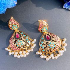 dainty hyderabadi chandbali earrings Elegant Turquoise Kundan Earrings, Turquoise Meenakari Temple Jewelry Earrings, Turquoise Temple Jewelry Earrings For Festivals, Festive Turquoise Temple Jewelry Earrings, 22k Gold Jewelry Necklaces, 22k Gold Jewelry, Pearl Necklace Set, Gold Jewelry Necklace, Emerald Necklace