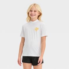 Add sun protection to your kiddo's swim outfits with this Short-Sleeve Sun Printed Rash Guard Top from Cat & Jack™. This short-sleeve rash guard features a sun print on one side of the chest. Made from stretchy fabric for ease of movement in and out of the water, it features pullover style with a crewneck for easy on and off, while the athletic fit offers a snug and comfy feel. Plus, the UPF 50+ rated material offers protection from the sun's harmful rays. Cat & Jack™: Kids’ clothing with an ima Casual White Rash Guard For Summer, Playful White Rash Guard With Uv Protection, White Rash Guard With Upf 50+ For Beachwear, White Rash Guard With Upf 50+ For Surfing, White Rash Guard For Beachwear With Upf 50+, White Surfing Tops With Upf 50+, White Summer Rash Guard For Beach, White Beachwear Rash Guard With Uv Protection, White Upf 50+ Surfing Top