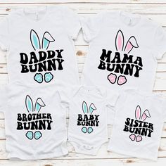 Bunny Family Shirts, Family Matching T-shirts, Family Tees, Easter Bunny Shirt, Matching family, Mama Bunny, Baby Bunny, Easter Outfit *Make sure to add each size and color individually!  🌟Welcome to CardaCreationsCo🌟 Garment Types & Features 💞Gildan Crewneck 1800 Unisex Heavy Blend Crewneck Sweatshirt💞 Medium-heavy fabric (8.0 oz/yd² (271.25 g/m Loose fit Runs true to size 50% cotton, 50% polyester Sewn-in label 💞Bella & Canvas 3001 Unisex Jersey Short Sleeve Shirt💞   100% Airlume combed Family Matching White T-shirt With Cartoon Print, Family Matching Short Sleeve Shirt With Funny Print, Matching Short Sleeve T-shirt For Family Events, Family Matching Short Sleeve Tops For Family Events, Cute Family Shirt With Letter Print, Family Matching Cotton T-shirts For Family Events, White Graphic Tee For Family Events, White Graphic Tee For Family, Matching Letter Print Tops For Family Events