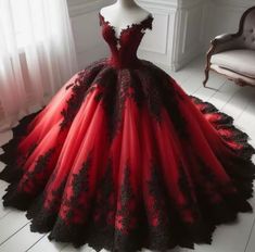 Gothic Red and Black Off the Shoulder Wedding Dresses Lace A Line Bridal Gowns.  "This pin contains affiliate links, which means I may earn a commission at no cost to you extra for you". 
 #affiliate #advertising" Vampire Theme Quinceanera Dress, Red And Black Xv Dresses, Black And Red Princess Dress, Princess Ball Gowns Red, Modern Quinceanera Dresses, Quinceanera Dresses Red And Black, Red And Black Quinceanera Dresses, Black And Red Quinceanera Dresses, Black And Red Wedding Dress