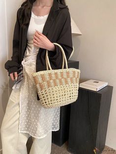 Bird in Bag - Elegant Women's Woven Basket Bag for Beach and Daily Use Summer Shopping Bag In Beige, Beach Season Shopping Bag With Double Handles, Summer Beige Shopping Bag, Double Handle Bag For Beach Season Shopping, Beige Summer Shopping Bag, Double Handle Shopping Bag For Beach Season, Casual Shopping Bag For Beach Season, Trendy Beige Bag For Vacation, Trendy Rectangular Shoulder Bag For Vacation