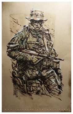 Marc Lee "Austrian Jagdkommando - Numquam Retro" Watercolor, brush pen and white pencil on brown paper. Retro Watercolor, Mission Complete, Watercolor Brush Pen, Military Wallpaper, Special Force