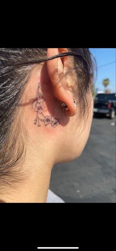 Fine line tattoo Japanese Flower Blossom Tattoo, Orchid Behind Ear Tattoo, Pretty Japanese Tattoo, Orchid Ear Tattoo, Behind Ear Tattoo Small Flower, Cherry Blossom Ear Tattoo, Orchid Tattoo Behind Ear, Japanese Ear Tattoo, Cherry Behind Ear Tattoo