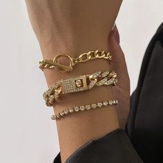 Metal Color: Gold Set 6 Elegant Gold Chain Bracelet With Rhinestones, Metal Chain Bracelet With Rhinestones, Gold Crystal Chain Bracelet, Rhinestone Bracelets, Beach Club Wedding, Toggle Clasp Bracelet, Neck Accessories, Couple Jewelry, Estilo Chic