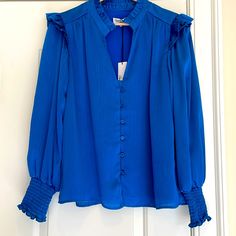 Gorgeous Sapphire Blue Silk Blouse Size M By Willa Story. Appears To Be Missing A Button, Which I Did Not Notice When Purchasing, But Extra Button Is Included. Nwt Chic Blue Blouse With Button Cuffs, Long Sleeve Blue Blouse With Button Cuffs, Blue Workwear Blouse With Back Button Closure, Blue Blouse With Button Cuffs For Spring, Blue Long Sleeve Blouse With Button Closure, Blue Button Closure Blouse For Fall, Blue Blouse With Button Closure For Fall, Fall Blue Blouse With Button Closure, Elegant Blue Tops With Button Closure