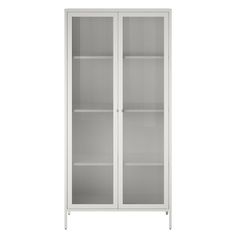 a white cabinet with glass doors on the front and bottom, against a white background