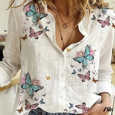 Zlily - Womens Casual Button Front Long Sleeve Collar Shirt with Charming Butterfly Print - A Sophisticated Addition to Your Wardrobe Summer Blouse With Casual Collar And Buttons, Casual Collar Tops For Beach In Spring, Spring Vacation Shirt With Buttons, Buttoned Shirt For Spring Vacation, Spring Casual Collar Printed Shirt, Spring Shirt With Button Closure And Casual Collar, Spring Fitted Blouse With Casual Collar, Fitted Blouse With Casual Collar For Spring, White Long Sleeve Top With Butterfly Print