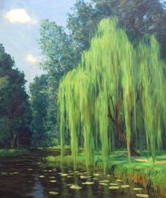 a painting of a tree and water lilies