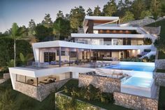 an artist's rendering of a modern house with pool and outdoor lounge area in the foreground