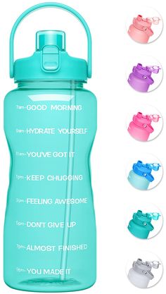 a water bottle with the words good morning on it and four different color options to choose from