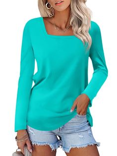 PRICES MAY VARY. Material:long sleeve shirts for women,the fabric of this square neck tops for women includes cotton,polyester and spandex,super soft material,elasticity,not see-through,friendly to you skin, The fabric is warm and comfortable, not easily deformed. Features:womens tops,ladies tops,unique square neck design is eye-catching,attracting attention and receiving praise.Square necked tops are suitable for various facial shapes. The shape of the square collar can increase the width of th Tunic Tops Outfit, Square Neck Tops, Womens Tops Casual, Facial Shapes, Fall Tunics, Square Neck Design, Long Face Shapes, Tops For Women Casual, Ladies Shirts