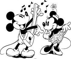 mickey and minnie playing music together with musical notes on the back of their heads,