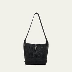 Saint Laurent "LE 5 A 7" hobo bag features a raffia design Crossbody strap; approx. 18.5"L Can be worn on the shoulder or crossbody Leather strap with Cassandre buckle closure Interior leather logo patch  Approx. 14.1"H x 11.8"W x 5.9"D Viscose/leather Professional cleaning recommended Made in Italy Luxury Black Straw Bag With Adjustable Strap, Luxury Open Weave Shoulder Bag, Everyday Use Crossbody Shoulder Bag With Open Weave, Luxury Open Weave Bag For Everyday Use, Black Rectangular Shoulder Bag With Open Weave, Black Open Weave Rectangular Shoulder Bag, Leather Logo, Professional Cleaning, Crossbody Strap