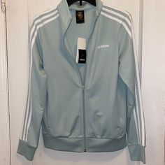 Womens Adidas 3 Stripes Track Jacket Size S & Xxs Color- Green Tinit With White Stripes Two Side Pockets (No Zipper) Two Inside Pockets Fitted Three Stripes Outerwear For Fall, Fitted Outerwear With Three Stripes For Fall, Fitted Long Sleeve Outerwear With Three Stripes, White Fitted Adidas Outerwear, Fitted White Adidas Outerwear, Adidas Fitted Casual Track Jacket, Fitted Casual Adidas Track Jacket, Adidas Three Stripes Spring Outerwear, Spring Adidas Fitted Track Jacket