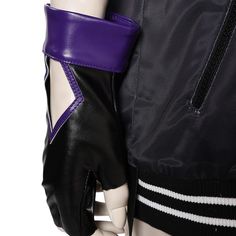 a mannequin's torso wearing black and purple leather gloves with white stripes