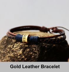 Mens Leather Bracelet, Knotted leather bracelet, gold ring, dad, Personalized, coordinate, husband, adjustable, genuine leather, father Gift Stainless Steel The unit price is for only one bracelet Looking for your exact coordinate here: https://www.latlong.net/ Custom hand stamped Bracelet, Personalized any information on the bracelet, the best gift for boyfriend or girlfriend, best friends, mom, dad etc. unisex style. Details: End: slot side adjustable to any wrists Color of the leather: Brown / Black/Navy Blue Raw materials: wax cord rope+Stainless Steel Metal color: Stainless Steel Max characters: 17 per line To see more different styles handmade bracelets, click https://www.etsy.com/shop/HandmadeTalent If you like my shop, just fav it, if you want the bracelets, you can add to your sho Gold Leather Bracelets As Gift, Gold Leather Bracelet As Gift, Adjustable Gold Leather Bracelet Gift, Gold Bracelet With Adjustable Waxed Cord, Gold Leather Bracelet For Gift, Adjustable Gold Leather Friendship Bracelet, Adjustable Gold Leather Bracelet For Everyday, Adjustable Gold Leather Bracelet Engraved, Gold Waxed Cord Bracelets For Gifts