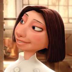 an animated woman with brown hair and blue eyes looks up at something in the distance