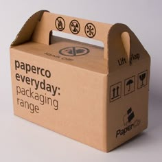 a cardboard box with the words paperco everyday packaging range on it's side