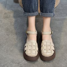 These sandals are designed in a retro style with 60 mm block heel. Made from soft leather, soft bottom that ensure all-day comfort. Wear yours with tailoring and denim alike. Color: Brown/Beige/GreyMaterial: Top layer leatherLining: No, Just cow leather the other sideInsole: PUSole: RubberHeels: 6Cm/2.36" Fit: Medium to Wide, Runs Normal.Origin: Made in China Production Time: About 3-5 days (Any exceptional case will email you, Please pay attention to your email left) Shipping Time: Free Shippin Woven Leather Sandals, Velcro Shoes, Ankle Strap Block Heel, Woven Sandals, Leather Gladiator Sandals, Leather Weaving, Comfort Wear, Leather Texture, Brown Beige