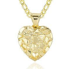 PRICES MAY VARY. 【Product Size】The Nugget Heart Shape Charm Pendant Come In Two Sizes Are Small(19*26.5mm) And Large(25.9*36.4mm),Paired With a 4mm*20inch Figaro Chain,So You Can Choose The Size That Suits You Best. 【Rigorous Craftsmanship】Crafted With High-Quality Brass Materials And 14K Gold Plated , These Gold Heart Pendant Necklace Are Designed To Maintain Their Dazzling Shine, To Suitable For Daily Wear. 【Personal Design】14k Gold Nugget Heart Shape Pendant Is A Classic Design, Passion Sunsh Gold Nugget Necklace, St Jude Necklace, The Nugget, Gold Heart Pendant, Nugget Necklace, Heart Pendant Gold, Gold Nugget, Figaro Chain, Jewelry Images