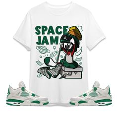 The Martian Marvin Unisex Shirt Match Jordan 4 SB Pine Green Made to match your sneakers! * SHOES NOT INCLUDED * Regular fit Runs true to size 100% cotton Tracking information included! The screen on your device (computers, phone, and tablet, etc.) may display different colors and saturations from the actual garment. Also, the item colors may not be as saturated in person as they are displayed on your screen right now. We do our best to match our shirts as much as possible. ** Care Instructions Sporty Cotton Sneakers With Logo Print, Green Cotton Sneakers For Streetwear, White Cotton Sneakers For Streetwear, Green Cotton Streetwear Sneakers, White Cotton Sneakers With Graphic Print, Casual Cotton Sneakers With Letter Print, Sporty Cotton Sneakers With Graphic Print, White Athletic Fit Cotton T-shirt, Casual Cotton Low-top Tops