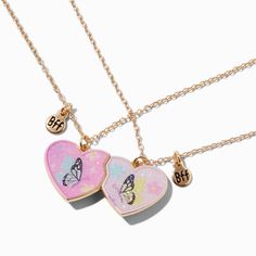 Claire's Best Friends Butterfly Split Heart Pendant Necklaces - 2 Pack Heart-shaped Friendship Necklaces With Adjustable Chain, Heart-shaped Friendship Necklace With Adjustable Chain, Friendship Heart Necklace With Adjustable Chain, Heart-shaped Adjustable Chain Necklace For Friendship, Friendship Necklace With Heart Pendant And Charm, Friendship Necklace With Heart Pendant, Valentine's Day Necklace With Heart Charm For Friendship, Trendy Heart-shaped Necklace For Friendship, Heart Charm Double Heart Necklace For Best Friend