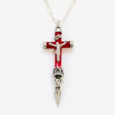 This truly unique and one of a kind and rare vintage cross necklace in coral and sterling silver makes an extra special piece of jewelry or gift for any Christian woman or girl. Inspired by John 3:16, "For God so loved the world that he gave his one and only Son, that whoever believes in him shall not perish but have eternal life." Features a crucifix style with a sterling silver Jesus on coral cross and all sterling silver details and components. A beautiful expression of faith for any Baptism, Red Sterling Silver Cross Necklace, Red Cross Necklace In Sterling Silver, Red Crucifix Cross Necklace For Gift, Red Crucifix Cross Necklace Gift, Handmade Red Crucifix Jewelry, Vintage Cross Necklace, Christian Cross Necklace, Jesus Necklace, Crucifix Necklace