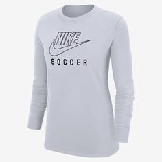 It's your game. Make sure everybody knows it with this classic Nike long-sleeve tee. Women's Soccer, Nike Long Sleeve, Nike Soccer, Womens Soccer, Nike Swoosh, Active Wear For Women, Age Group, Long Sleeve Tshirt, Long Sleeve Tees