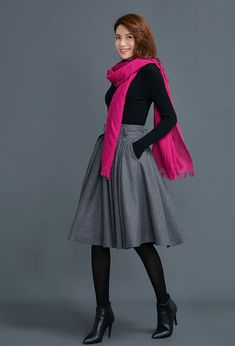 "FEATURES 25% wool, other fiber,nylon Polyester lining Right side zipper closure Two side pockets Circle skirt, skater skirt Knee length skirt, midi skirt Model belts sold separately Perfect for winter, autumn Dry clean ★★ The model's height approx 170 cm (5′ 7″) with the 84 cm (33\") bust, 66 cm (26\") waist. She is wearing a grey skirt in size XS. The designer match a belt and the scarf when take photo with the dress, the belt need 30USD, the scarf need 20USD. ★★Please select custom order acco Winter Solid Color Pencil Skirt, Lined Pencil Skirt For Winter, Winter Lined Pencil Skirt, Wool Pleated Skirt For Winter, Wool Relaxed Skirt For Winter, Relaxed Wool Skirt For Winter, Winter Relaxed Lined Skirt, Stretch Winter Pleated Skirt With Lining, Flowy Lined Pleated Skirt For Winter