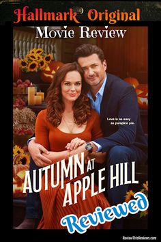 an advertisement for the movie autumn at apple hill, with a man and woman hugging each other